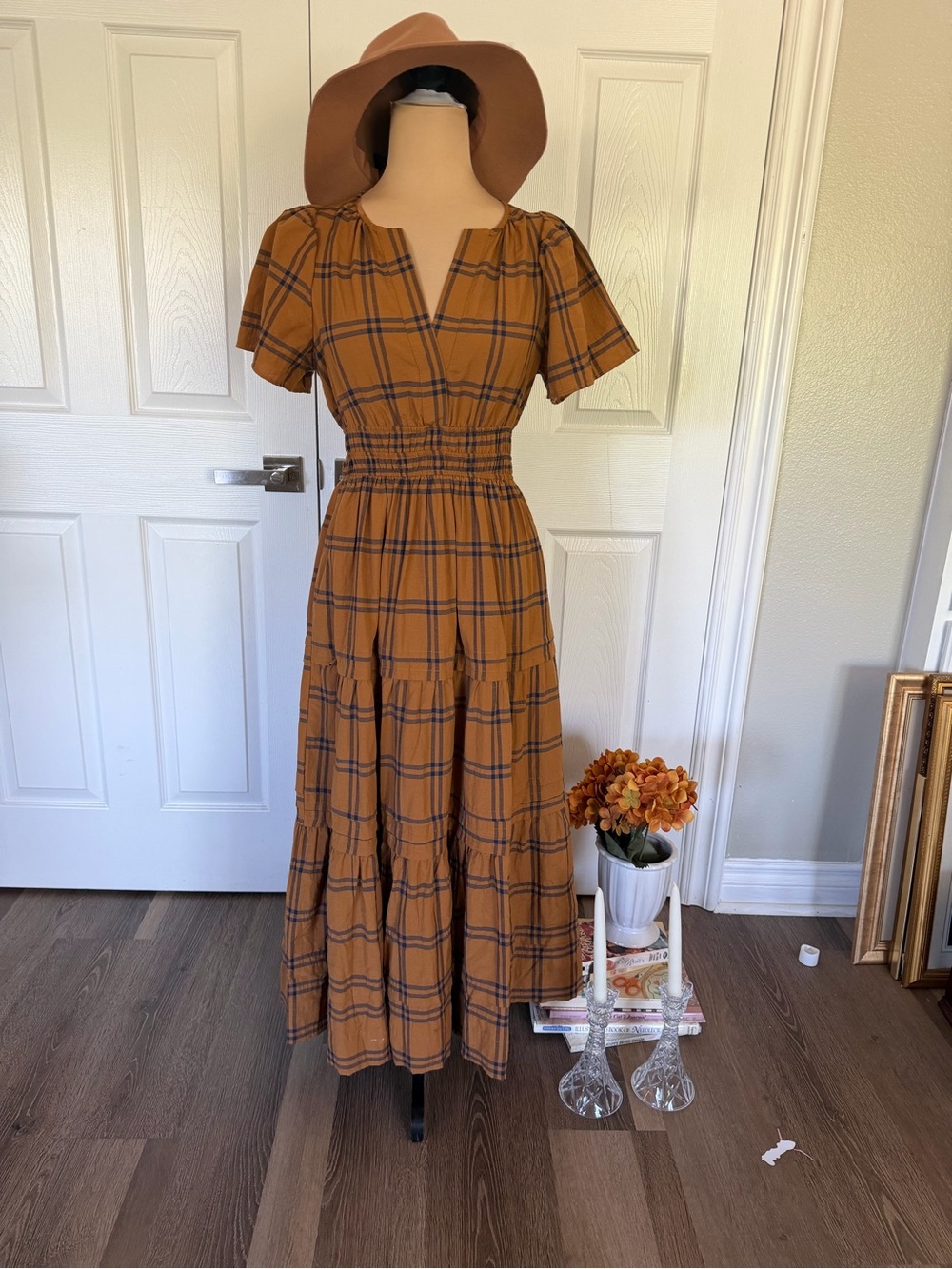 Maeve Anthropology Brown plaid Tiered Maxi Dress